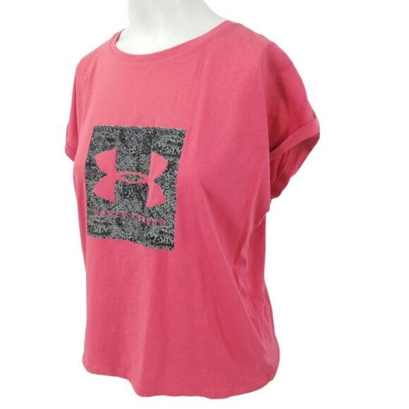 Under Armour Loose Fit Cropped Graphic T-Shirt Size S Cuffed Short Sleeve Coral - Picture 5 of 11